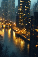 Fototapeta premium moody evening city riverfront with illuminated skyscrapers, glowing bridge and streetlights casting golden reflections on rippling water