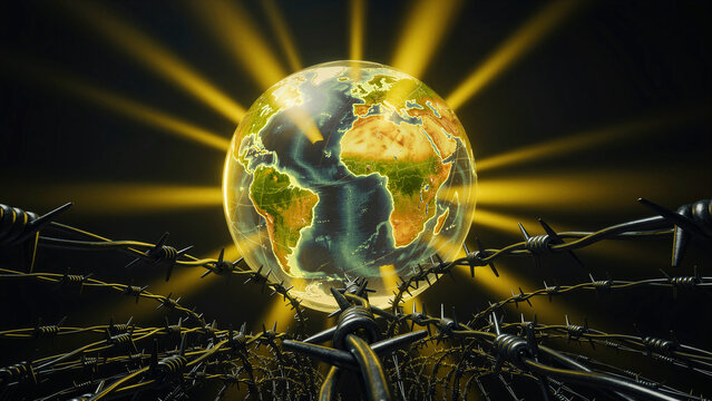 A vibrant, glowing 3D Earth globe, showcasing continents like Africa and Europe, radiates brilliant golden light, while symbolically constrained by many tangled strands of sharp barbed wire,...