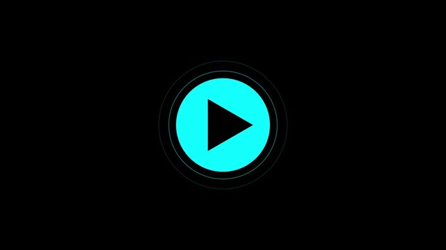 Video, audio play button icon animation. glowing play button animation. play button symbol inside cyan circle.black color audio play and black background. 4k video animation