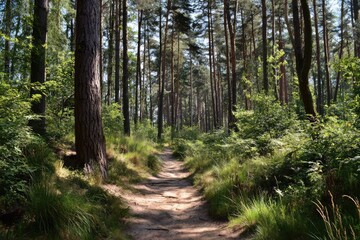 Fototapeta premium Sunlit Forest Path Winding Through Tall Pine Trees.