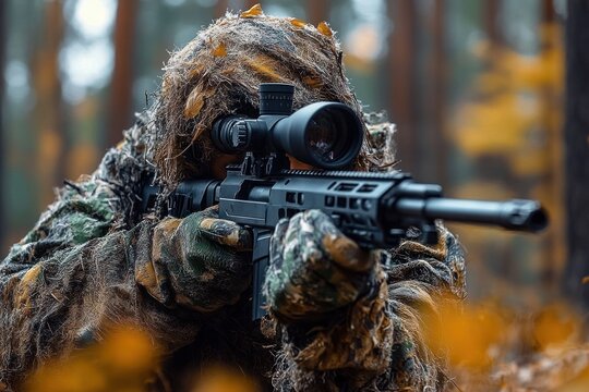 Camouflaged figure in a ghillie suit aiming a scoped rifle in an autumn forest, tense and focused posture