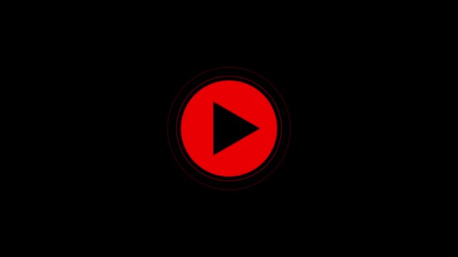 Video, audio play button icon animation. glowing play button animation. play button symbol inside red circle.black color audio play and black background. 4k video animation