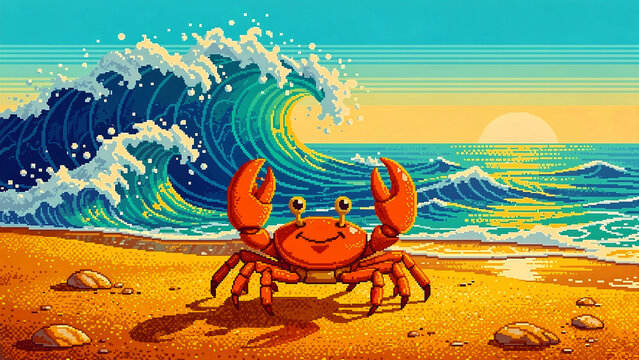 A bright orange crab with large pincers stands confidently on the golden sand while displaying a friendly smile and unique pixelated artistic style that captures its vibrant anatomy in this very