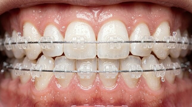 Luxury sapphire braces close-up with crystal clear orthodontic brackets