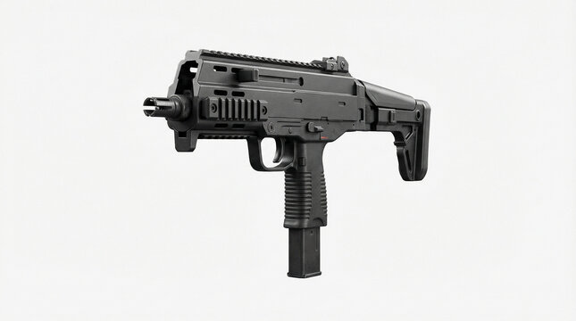 Submachine Gun Compact Firearm Isolated on White Background