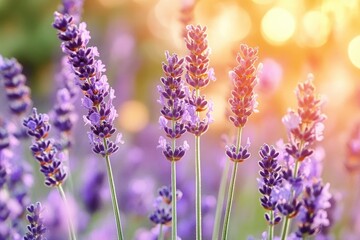 Fototapeta premium close-up of purple lavender flower spikes and green stems with warm golden sunlight bokeh, soft focus background evoking tranquil soothing summer calm
