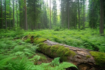 Fototapeta premium moss-covered fallen log on a carpet of ferns in a serene evergreen woodland with soft filtered light and towering trunks