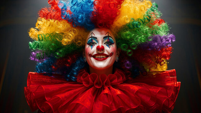 A delightful clown featuring an incredibly vibrant, voluminous multi-colored afro wig and captivating theatrical face makeup, including a bright red nose, dazzling eye paint, and a wide, genuine