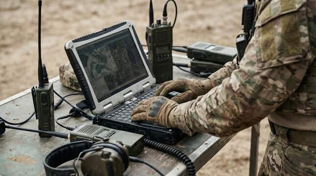 Military Specialist Using Laptop in Field Data Analysis
