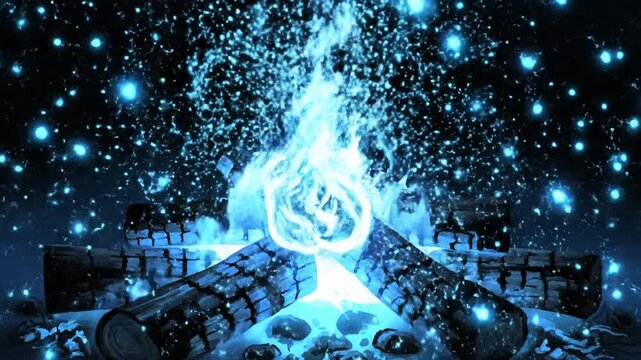Abstract illustration of blue flames burning on a wooden log pile