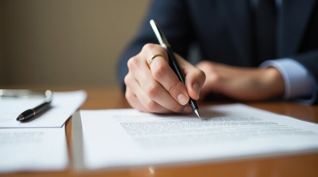 Firma a mano de un acuerdo legal sobre un escritorio, entorno formal, ejecuci&oacute;n de un contrato