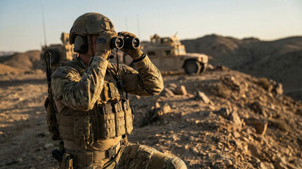 Fototapeta premium Soldier Observing with Binoculars in Desert Surveillance 