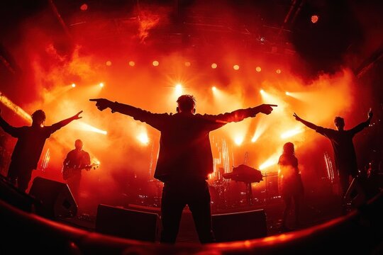 silhouetted band on a fiery orange stage with lead singer arms outstretched pointing, guitarist, drummer and keyboardist in dramatic backlighting and smoky triumphant atmosphere