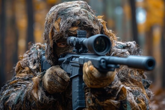 camouflaged sniper in ghillie suit aiming a scoped rifle in an autumn forest with an intense focused stare