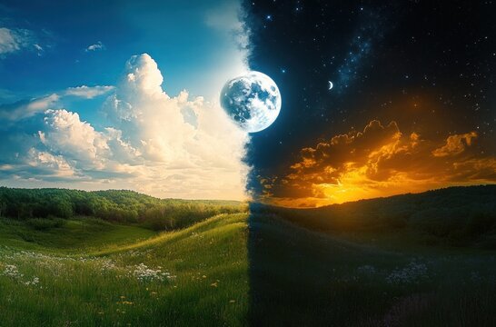 Split day and night over a green rolling meadow with wildflowers &mdash; blue sky and fluffy clouds on one side, starry night with a large moon and glowing sunset on the other, serene