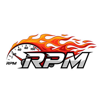 Flaming Tachometer RPM Logo with Speedometer and Fire Elements, isolated white background.