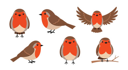 Naklejka premium Collection of six red-breasted birds in various poses.