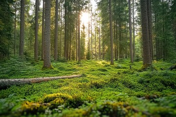 Fototapeta premium sunlit evergreen forest with moss-covered floor and fallen log, tranquil serene atmosphere