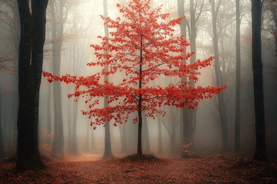 Solitary young tree with bright red autumn leaves standing among tall dark trunks in a misty, serene and mysterious forest