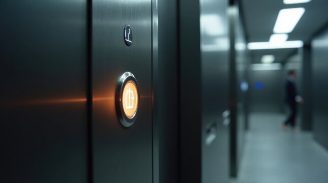 Panel de ascensor con un bot&oacute;n de piso prominentemente iluminado en un elegante y moderno edificio de oficinas