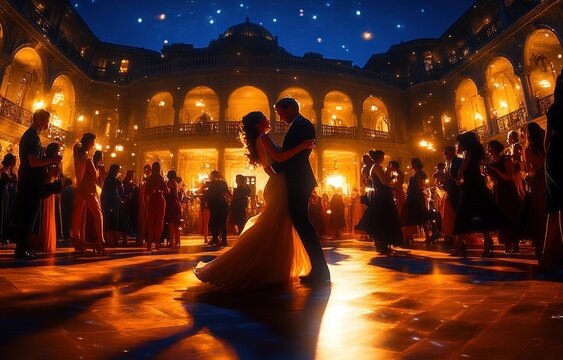 romantic couple dancing in a grand ornate ballroom under a starry ceiling, surrounded by elegantly dressed guests, golden chandeliers, balconies and warm glowing lights