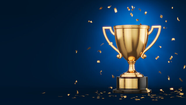 First place gold trophy cup on Blue background. Win, Victory, Award concept - 3d rendering