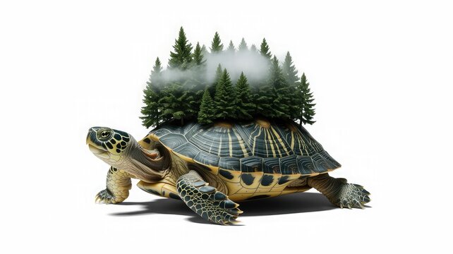 A turtle carrying a forest on its back, symbolizing nature and conservation.