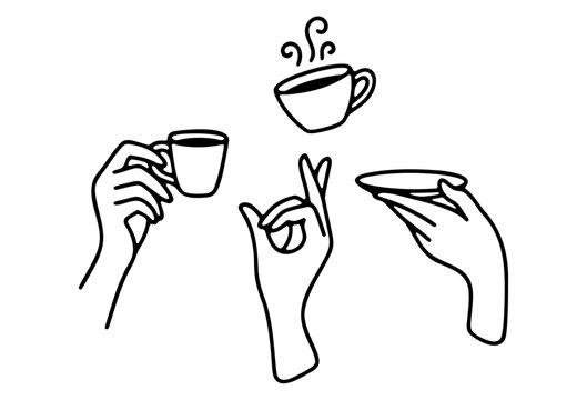 Set of line art hands holding coffee cups with one magically floating