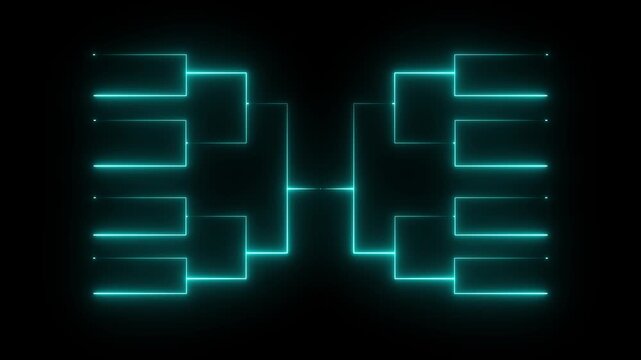 Glowing neon or outline championship single elimination tournament bracket or tree diagram isolated on neon .cyan color neon line and black background . 4k video animation