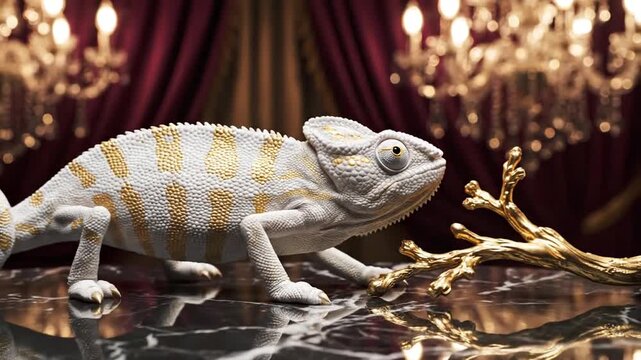 Chameleon with white and gold pattern resting on a reflective surface