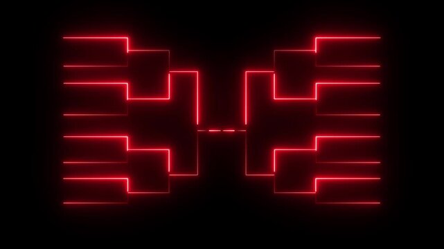Glowing neon or outline championship single elimination tournament bracket or tree diagram isolated on neon .red color neon line and black background . 4k video animation