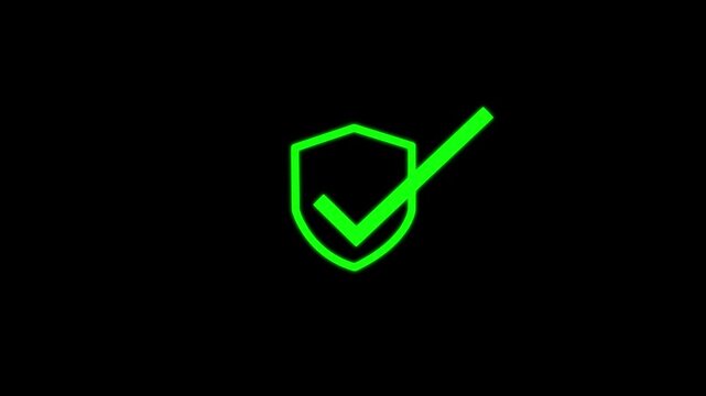 A vibrant green check mark is positioned within a shield outline signifying security protection and successful validation on a black background high quality. animation 4k video