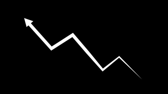 White zigzag downward arrow on black background showing market volatility, financial loss and unstable business performance. Ideal for stock market, trading, crypto and finance videos.