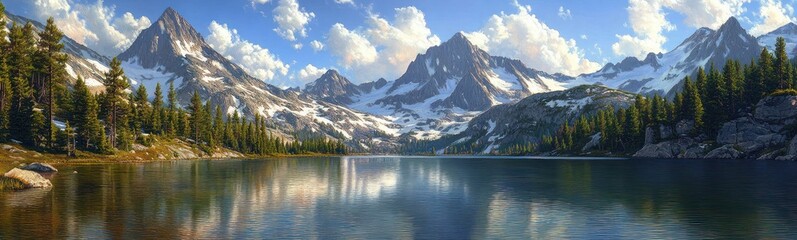 Obraz premium serene alpine lake with snow-capped jagged mountain peaks, pine forested rocky shores, blue sky with fluffy clouds and perfect reflections, tranquil majestic panorama