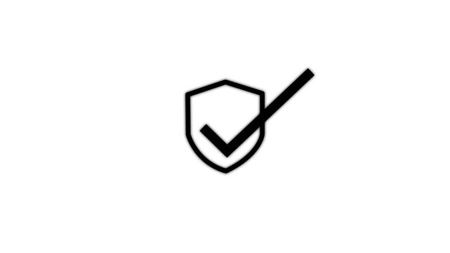 A vibrant green check mark is positioned within a shield outline signifying security protection and successful validation on a white background high quality. animation 4k video