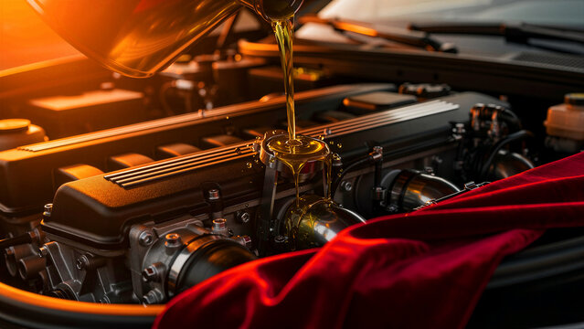 Golden automotive motor oil pours from a metal container into the intricate black engine block of a high performance vehicle to ensure optimal lubrication and smooth internal operation for peak...