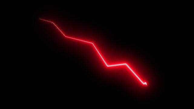 Glowing red neon zigzag downward line graph on dark background representing market crash, financial loss and negative trend, ideal for risk, crisis and business decline visuals