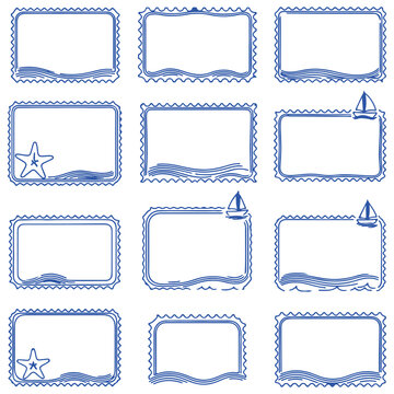 Antique Beach Border Frame with Seashells, Waves and Ocean Theme