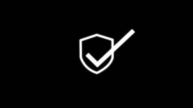 A vibrant green check mark is positioned within a shield outline signifying security protection and successful validation on a black background high quality. animation 4k video