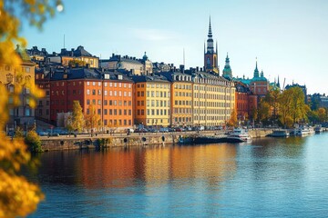 Obraz premium serene autumn waterfront with colorful historic buildings, boats on calm water, church spire, golden trees and warm reflections under a clear blue sky