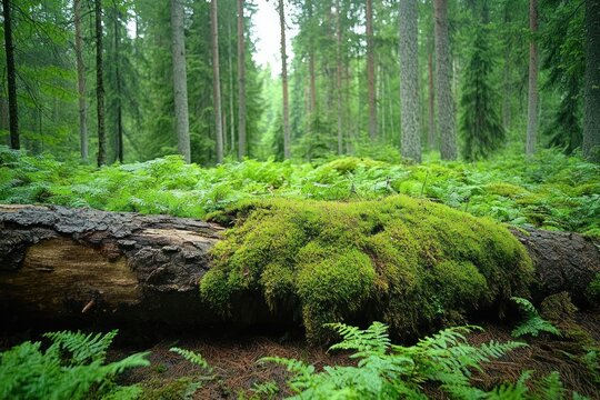 tranquil moss-covered fallen log and ferns in a serene green conifer forest