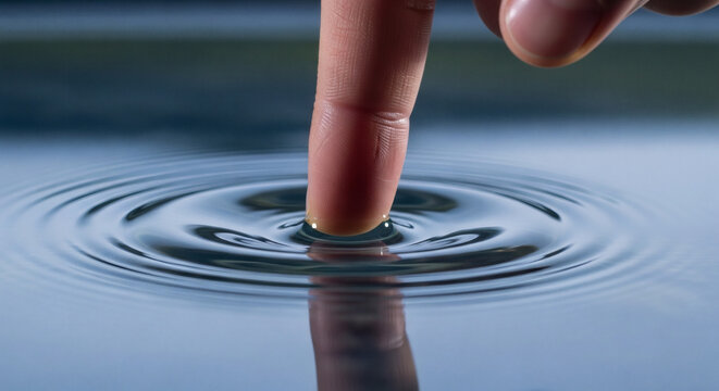 Abstract shot of a human finger causing a ripple effect on a reflective water surface, illustrating cause and effect and the power of a single touch