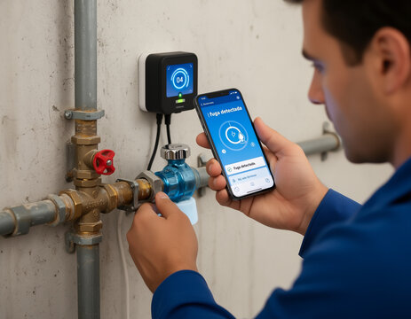 Technician in blue uniform holds a smartphone with a leak detected app alert, checking a smart water management system installed on pipes, realistic photo with natural lighting
