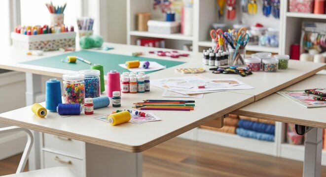 A cluttered crafting table brimming with art supplies and creative materials, perfect for inspiring handmade projects and DIY endeavors.