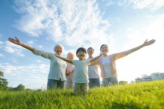 Multigenerational family standing in a sunlit grassy field with arms outstretched under a bright blue sky, joyful and carefree