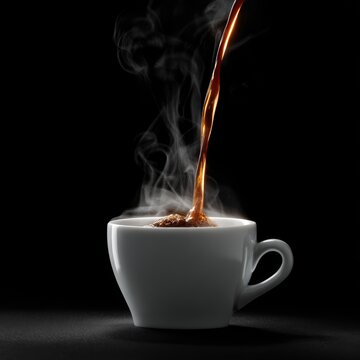 Hot Coffee Pouring into a White Cup with Steam Rising.