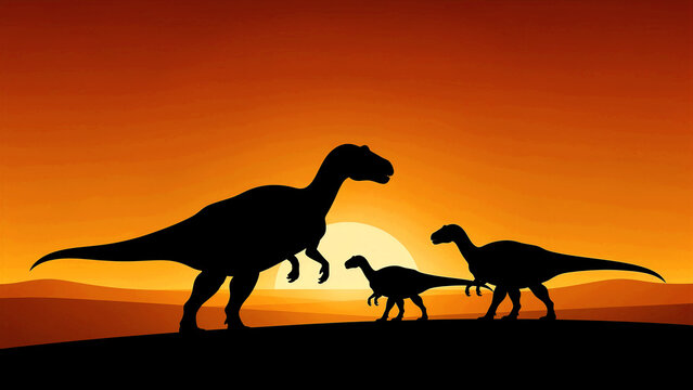 A captivating silhouette of a large, majestic herbivorous dinosaur, possibly an Iguanodon, confidently leading two distinctively smaller, younger prehistoric creatures as a family group,...