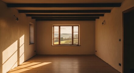 Obraz premium Empty room with unfinished plaster walls and warm sunlight streaming through a large window overlooking a scenic landscape