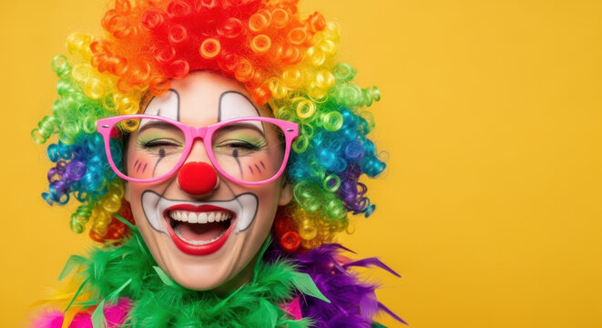 Vibrant clown with rainbow wig and pink glasses on yellow background