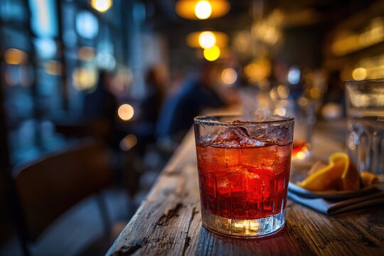 Refreshing Red Cocktail with Ice and Orange Garnish on Bar Counter.